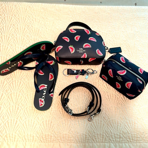 4pc Coach Watermelon Set 🍉 Crossbody Bag, Flops, Cosmetic Bag & Keyfob Rare - Picture 13 of 17